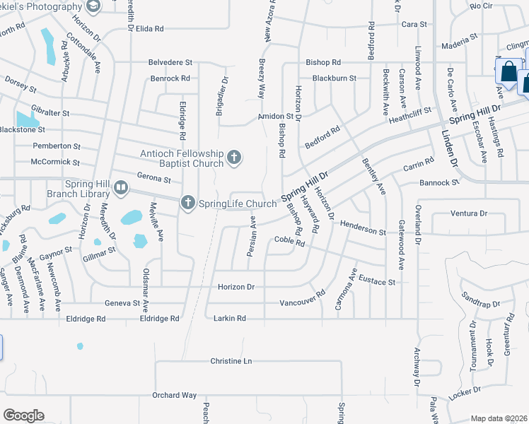 map of restaurants, bars, coffee shops, grocery stores, and more near 9493 Spring Hill Drive in Spring Hill