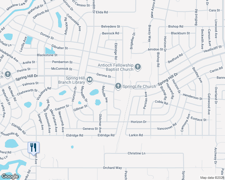 map of restaurants, bars, coffee shops, grocery stores, and more near 9292 Spring Hill Drive in Spring Hill