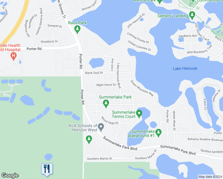 map of restaurants, bars, coffee shops, grocery stores, and more near 15095 Purple Martin Street in Winter Garden