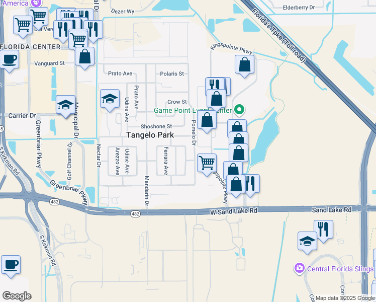 map of restaurants, bars, coffee shops, grocery stores, and more near 7601 Cassino Avenue in Orlando