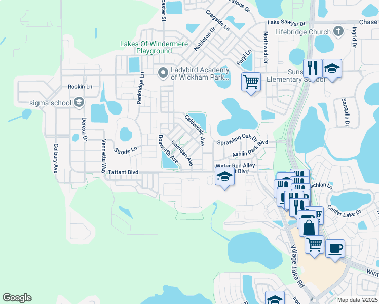map of restaurants, bars, coffee shops, grocery stores, and more near 7728 Rigby Street in Windermere