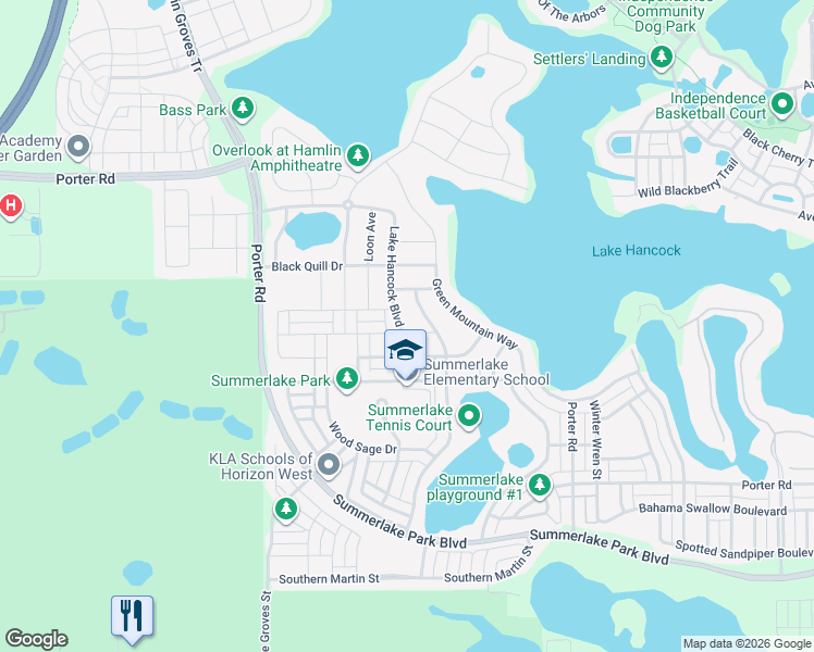 map of restaurants, bars, coffee shops, grocery stores, and more near 7617 Lake Hancock Boulevard in Winter Garden