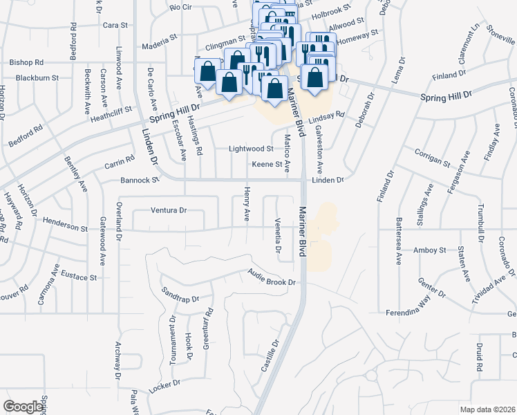 map of restaurants, bars, coffee shops, grocery stores, and more near 1271 Masada Lane in Spring Hill