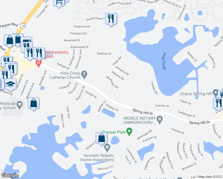 map of restaurants, bars, coffee shops, grocery stores, and more near 6325 Treehaven Drive in Spring Hill