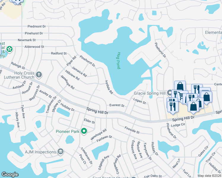 map of restaurants, bars, coffee shops, grocery stores, and more near 1410 Ivydale Road in Spring Hill