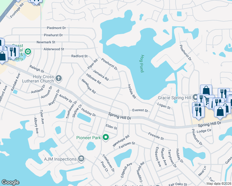 map of restaurants, bars, coffee shops, grocery stores, and more near 6510 Hillview Road in Spring Hill