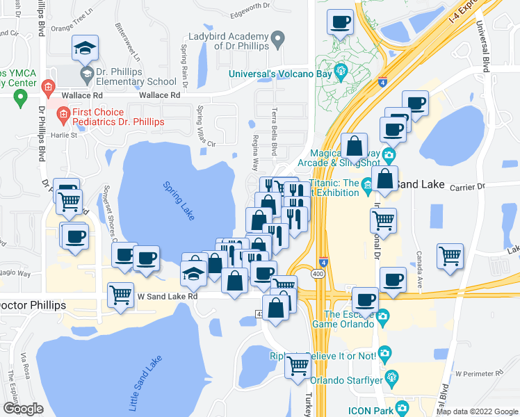 map of restaurants, bars, coffee shops, grocery stores, and more near 7683 Toscana Boulevard in Orlando