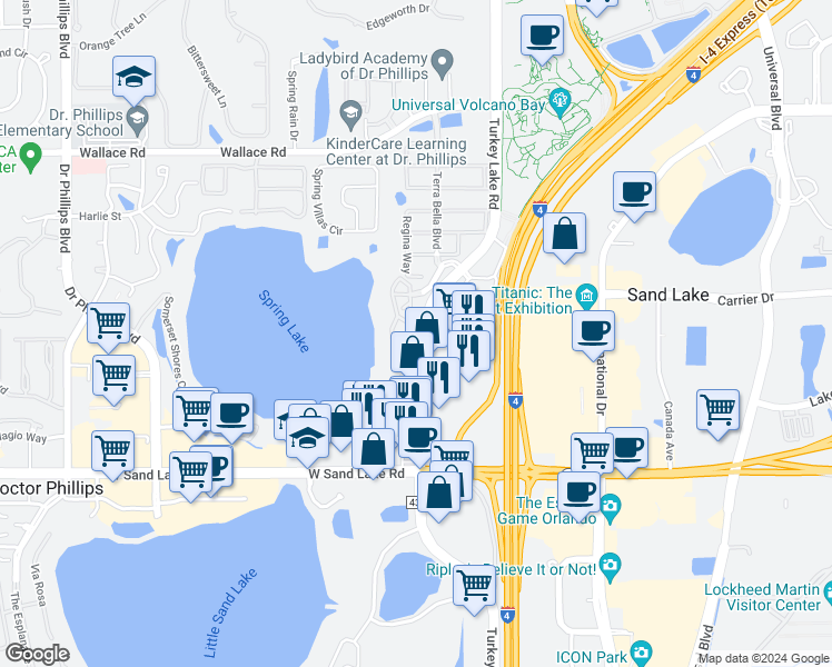map of restaurants, bars, coffee shops, grocery stores, and more near 7683 Toscana Boulevard in Orlando