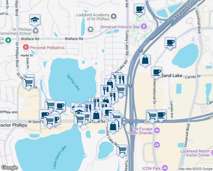 map of restaurants, bars, coffee shops, grocery stores, and more near 7683 Toscana Boulevard in Orlando