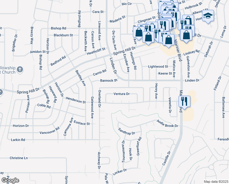 map of restaurants, bars, coffee shops, grocery stores, and more near 1436 Overland Drive in Spring Hill
