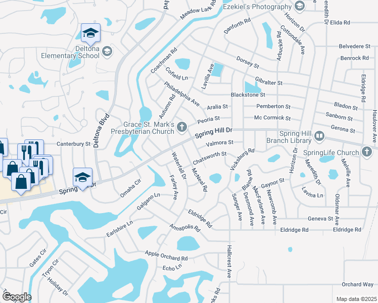map of restaurants, bars, coffee shops, grocery stores, and more near 1396 McNeal Road in Spring Hill