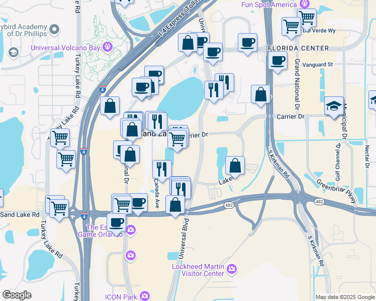 map of restaurants, bars, coffee shops, grocery stores, and more near 7488 Universal Boulevard in Orlando