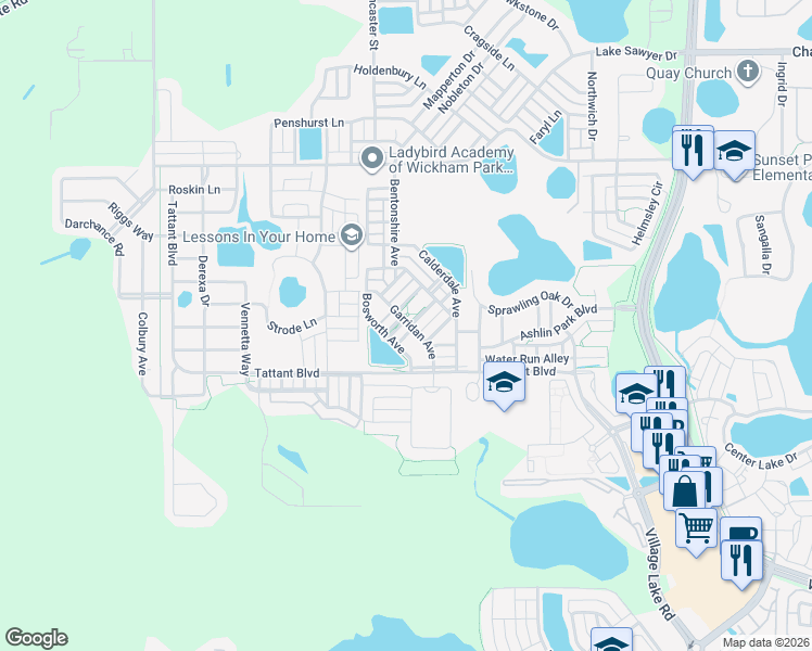 map of restaurants, bars, coffee shops, grocery stores, and more near 7601 Sutherton Lane in Windermere