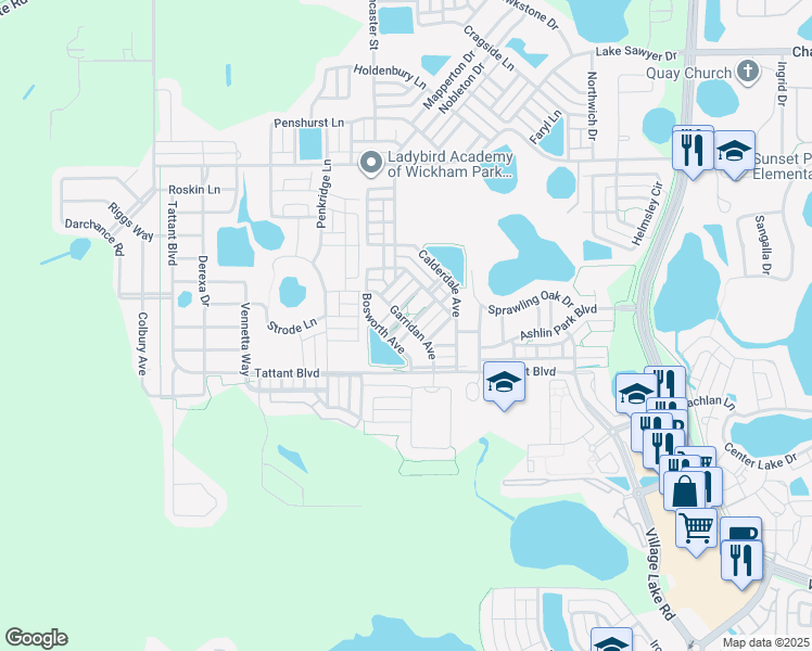 map of restaurants, bars, coffee shops, grocery stores, and more near 7601 Sutherton Lane in Windermere