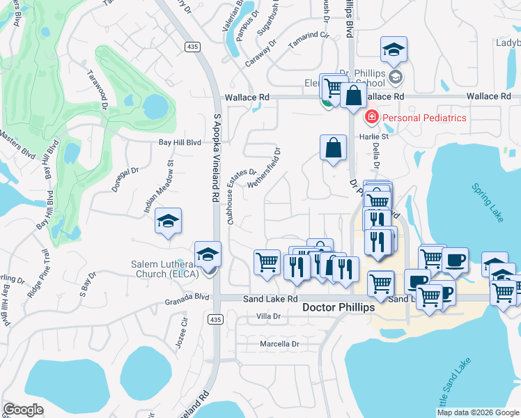 map of restaurants, bars, coffee shops, grocery stores, and more near 8256 Ambrose Cove Way in Orlando