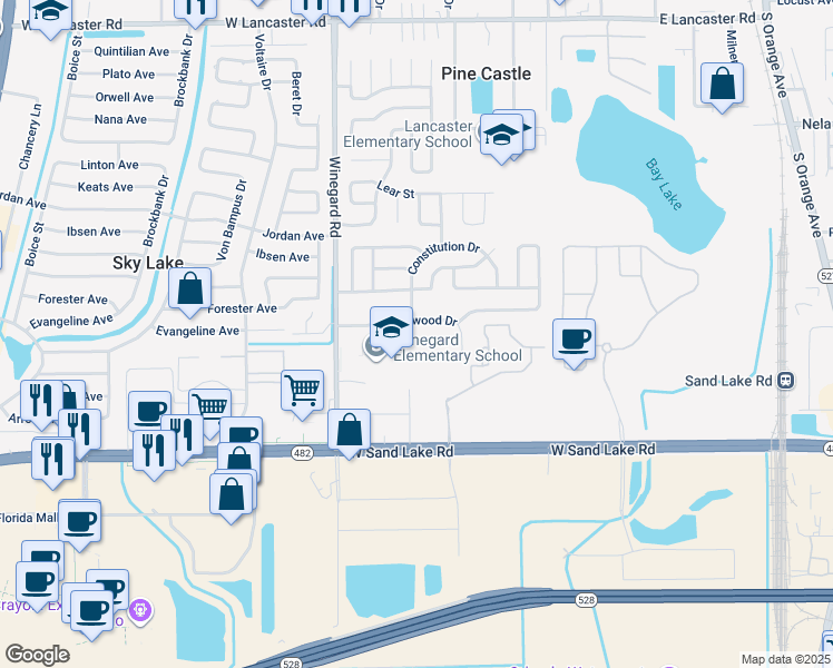 map of restaurants, bars, coffee shops, grocery stores, and more near 538 Creekwood Drive in Orlando