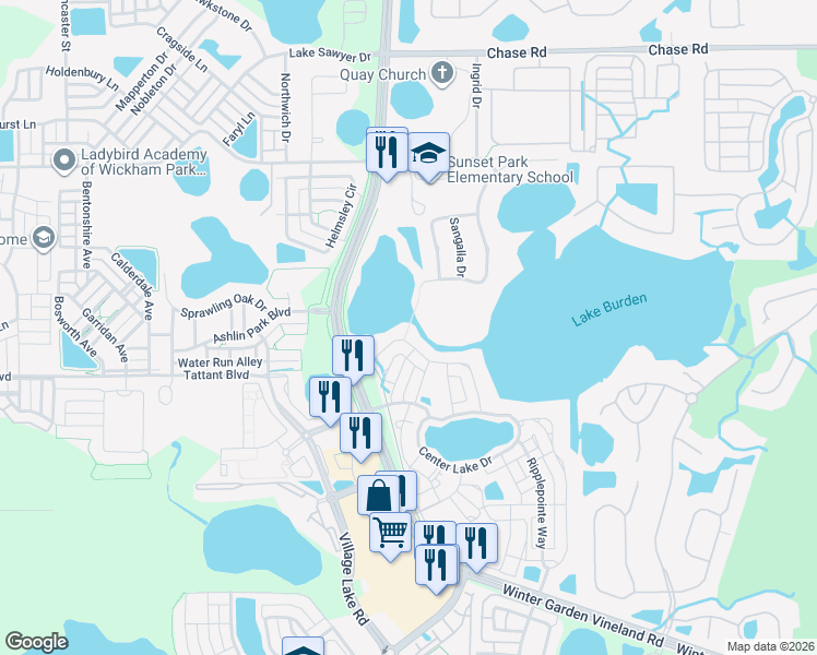 map of restaurants, bars, coffee shops, grocery stores, and more near 11603 Brickyard Pond Lane in Windermere