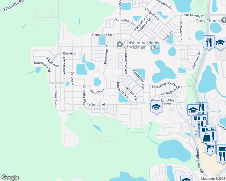 map of restaurants, bars, coffee shops, grocery stores, and more near 12704 Bosworth Avenue in Windermere