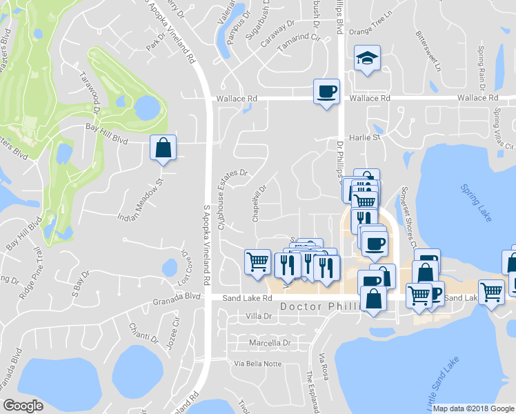 map of restaurants, bars, coffee shops, grocery stores, and more near 8266 Ambrose Cove Way in Orlando