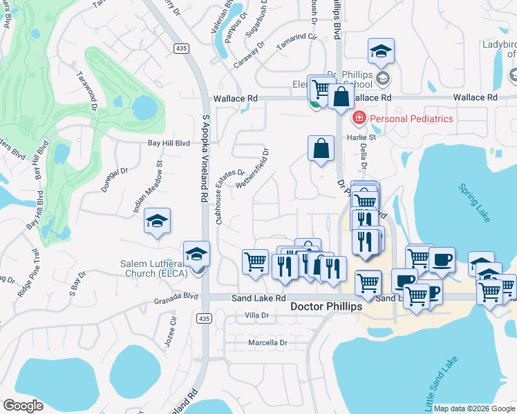 map of restaurants, bars, coffee shops, grocery stores, and more near 8256 Ambrose Cove Way in Orlando