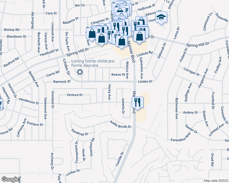 map of restaurants, bars, coffee shops, grocery stores, and more near 1271 Masada Lane in Spring Hill