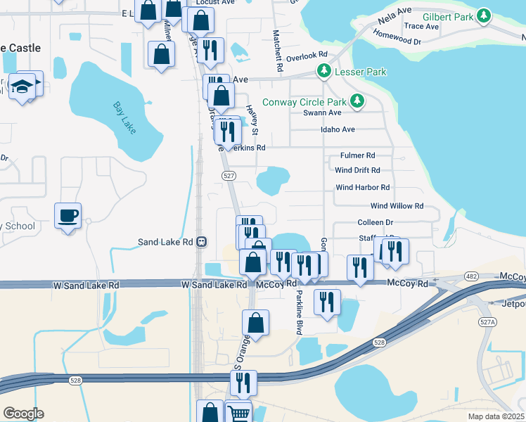 map of restaurants, bars, coffee shops, grocery stores, and more near 7803 South Orange Avenue in Orlando