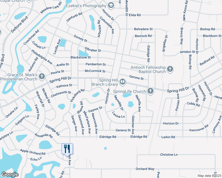 map of restaurants, bars, coffee shops, grocery stores, and more near 9339 Horizon Drive in Spring Hill