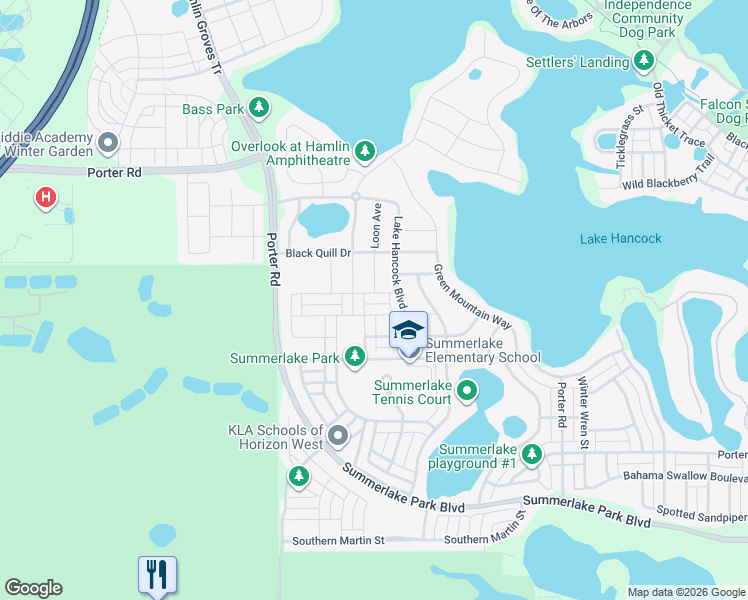 map of restaurants, bars, coffee shops, grocery stores, and more near 15036 Night Heron Drive in Winter Garden