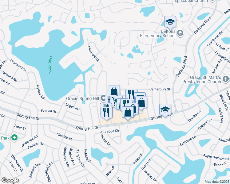 map of restaurants, bars, coffee shops, grocery stores, and more near 7334 Canterbury Street in Spring Hill