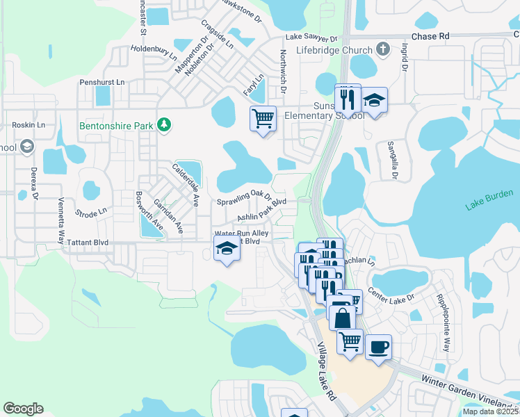 map of restaurants, bars, coffee shops, grocery stores, and more near 7259 Sunny Meadow Alley in Windermere