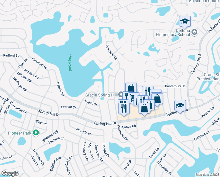 map of restaurants, bars, coffee shops, grocery stores, and more near 7295 Pond Circle in Spring Hill