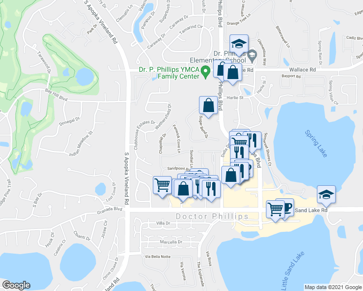 map of restaurants, bars, coffee shops, grocery stores, and more near 7645 Fenwick Cove Lane in Orlando