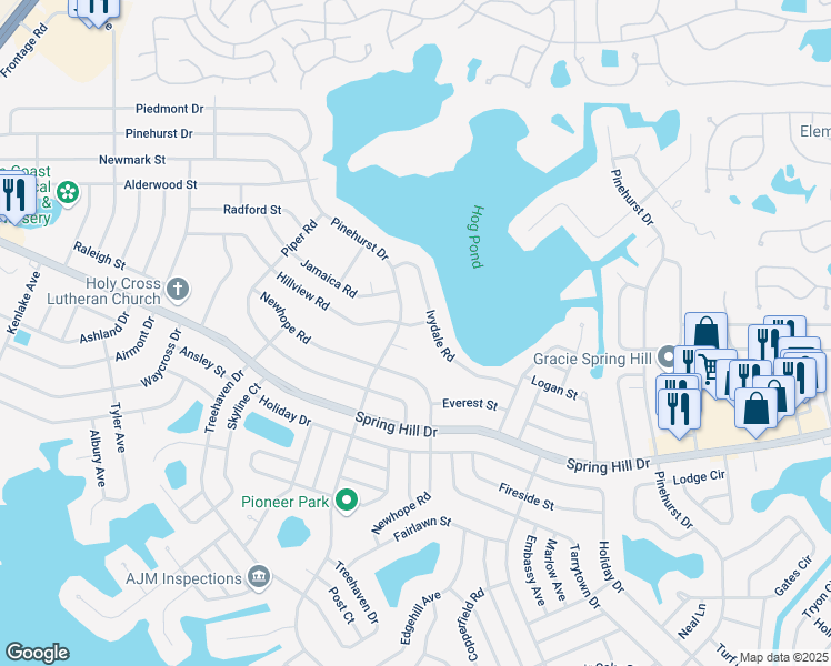 map of restaurants, bars, coffee shops, grocery stores, and more near 6510 Hillview Road in Spring Hill