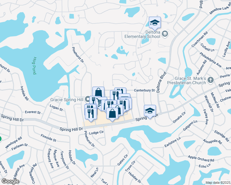 map of restaurants, bars, coffee shops, grocery stores, and more near 7428 Canterbury Street in Spring Hill