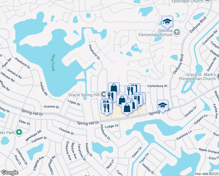 map of restaurants, bars, coffee shops, grocery stores, and more near 7344 Canterbury Street in Spring Hill