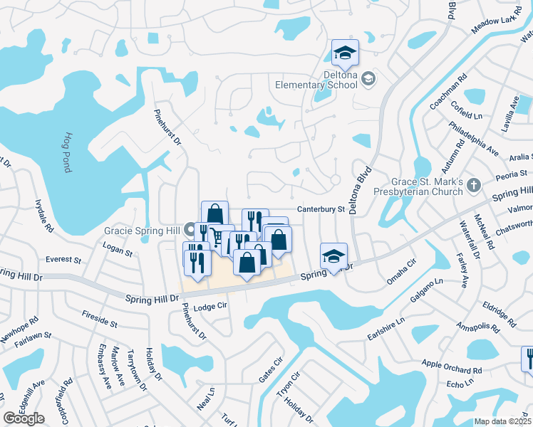 map of restaurants, bars, coffee shops, grocery stores, and more near 7428 Canterbury Street in Spring Hill