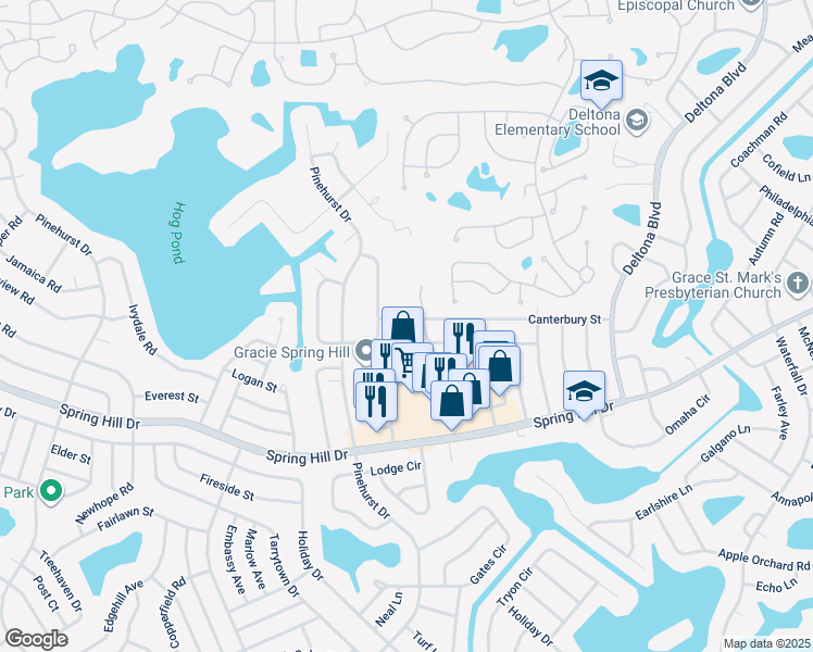 map of restaurants, bars, coffee shops, grocery stores, and more near 7344 Canterbury Street in Spring Hill