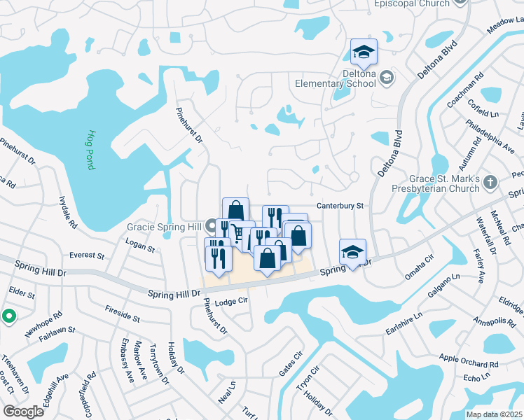 map of restaurants, bars, coffee shops, grocery stores, and more near 7380 Canterbury Street in Spring Hill
