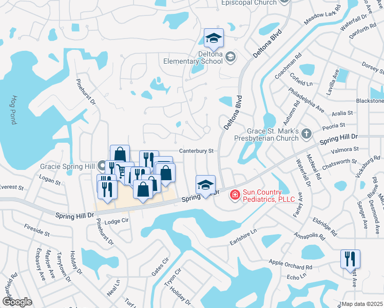 map of restaurants, bars, coffee shops, grocery stores, and more near 1347 Markham Avenue in Spring Hill