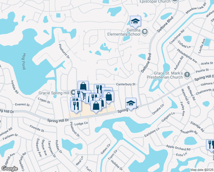 map of restaurants, bars, coffee shops, grocery stores, and more near 7450 Canterbury Street in Spring Hill