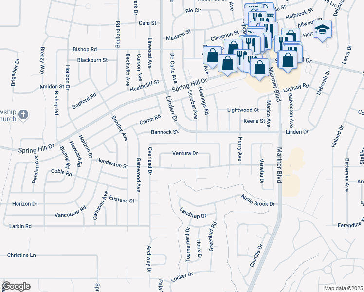 map of restaurants, bars, coffee shops, grocery stores, and more near 1436 Overland Drive in Spring Hill
