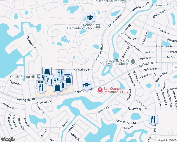 map of restaurants, bars, coffee shops, grocery stores, and more near 8067 Omaha Circle in Spring Hill