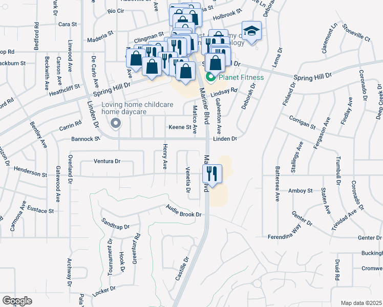 map of restaurants, bars, coffee shops, grocery stores, and more near 1266 Venetia Drive in Spring Hill