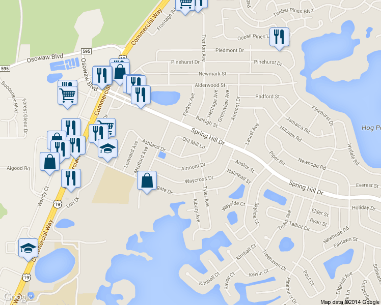 map of restaurants, bars, coffee shops, grocery stores, and more near 6085 Ashland Drive in Spring Hill