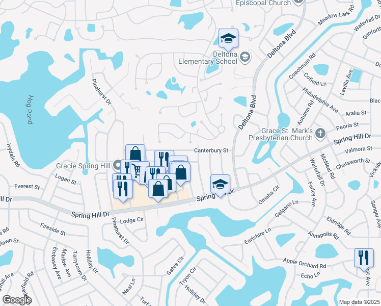 map of restaurants, bars, coffee shops, grocery stores, and more near 7476 Canterbury Street in Spring Hill