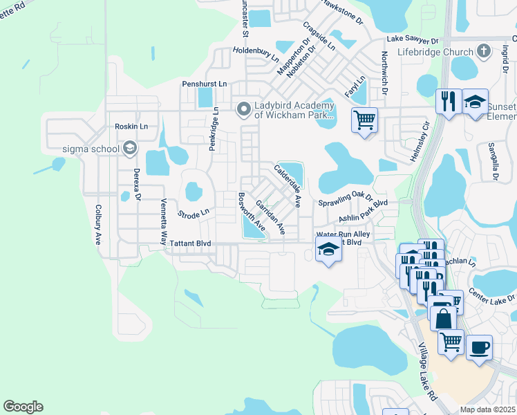 map of restaurants, bars, coffee shops, grocery stores, and more near 7604 Sutherton Lane in Windermere