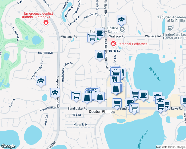 map of restaurants, bars, coffee shops, grocery stores, and more near 7667 Sugar Bend Drive in Orlando