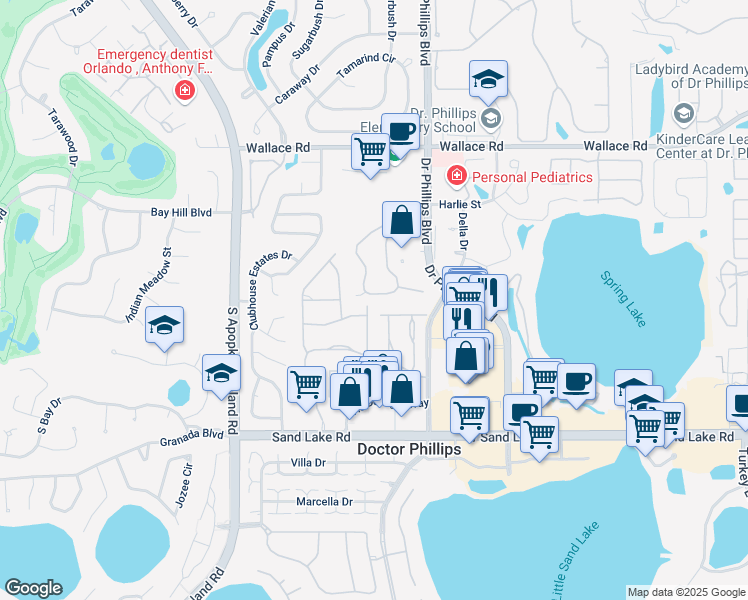 map of restaurants, bars, coffee shops, grocery stores, and more near 7663 Sugar Bend Drive in Orlando