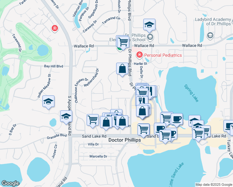 map of restaurants, bars, coffee shops, grocery stores, and more near 7643 Sugar Bend Drive in Orlando