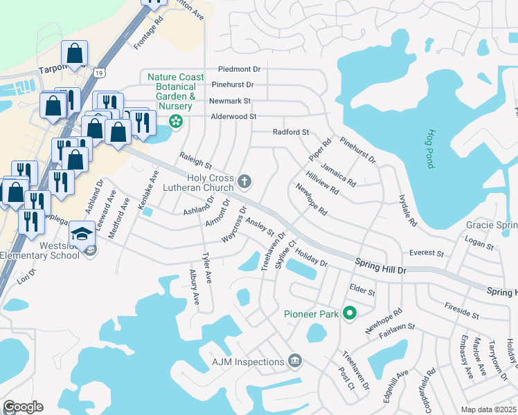 map of restaurants, bars, coffee shops, grocery stores, and more near 6232 Spring Hill Drive in Spring Hill
